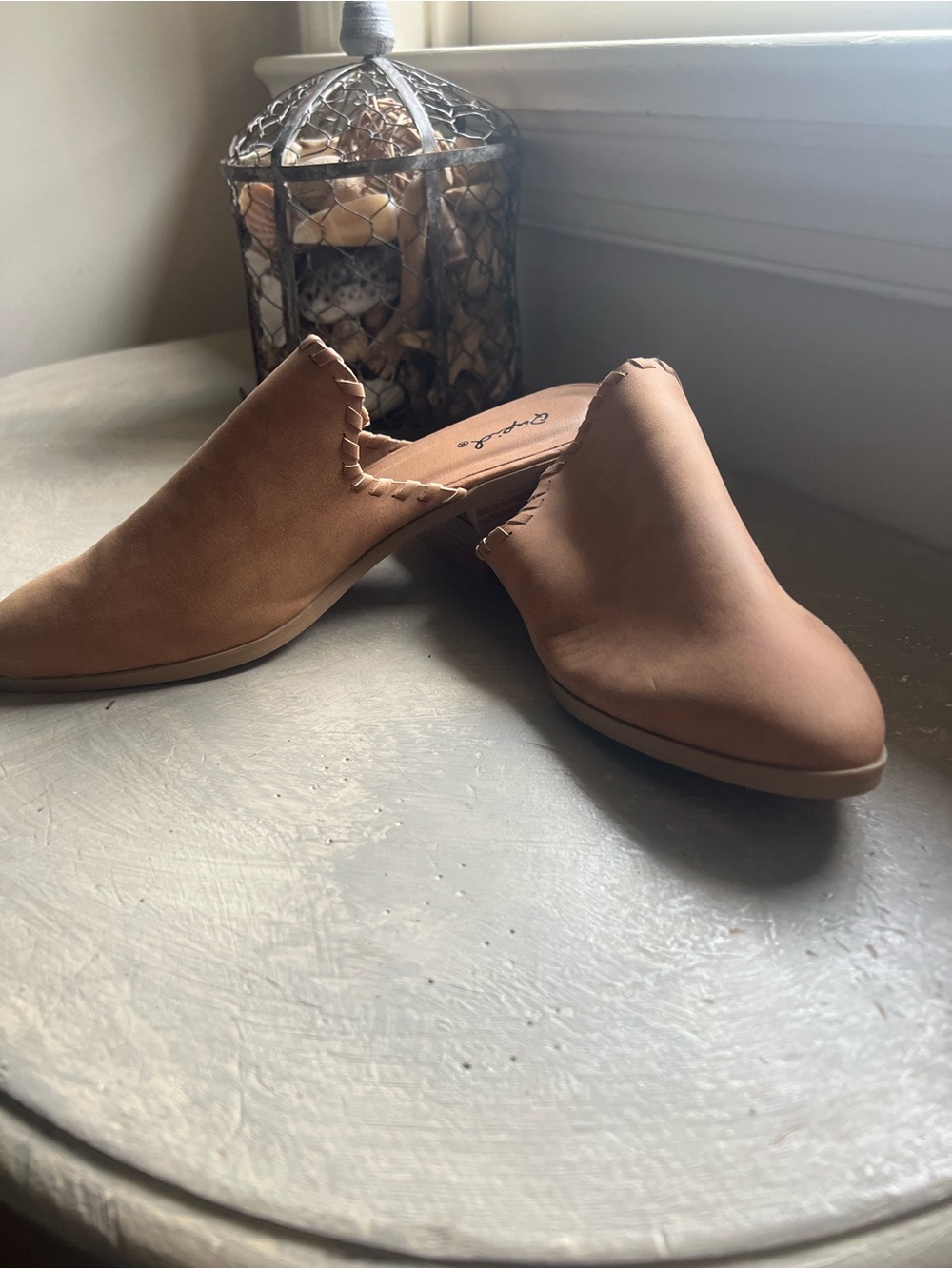Cupid Tan Slip-On Mule with Whipstitch Trim